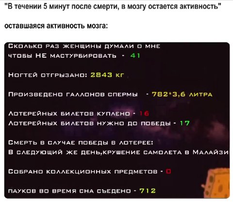 "В течении 5 минут после смерти, в мозгу остается активность" ОБЩЕЕ ВРЕМЯ ЖИЗНИ - 23 ГОДА КОЛИЧЕСТВО СПРАВОЦИРОВАННЫХ СМЕРТЕЙ - КНИГ MUXANAA ВЕЛЛЕРА ПРОЧИТАНО - y < ПОСТАВЛЕНО ДИЗЛАЙКОВ В ЮТХУБЕ - ЖЕН
