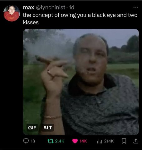 тах @lynchinist the concept of owing you a black eye and two kisses GIF А 18