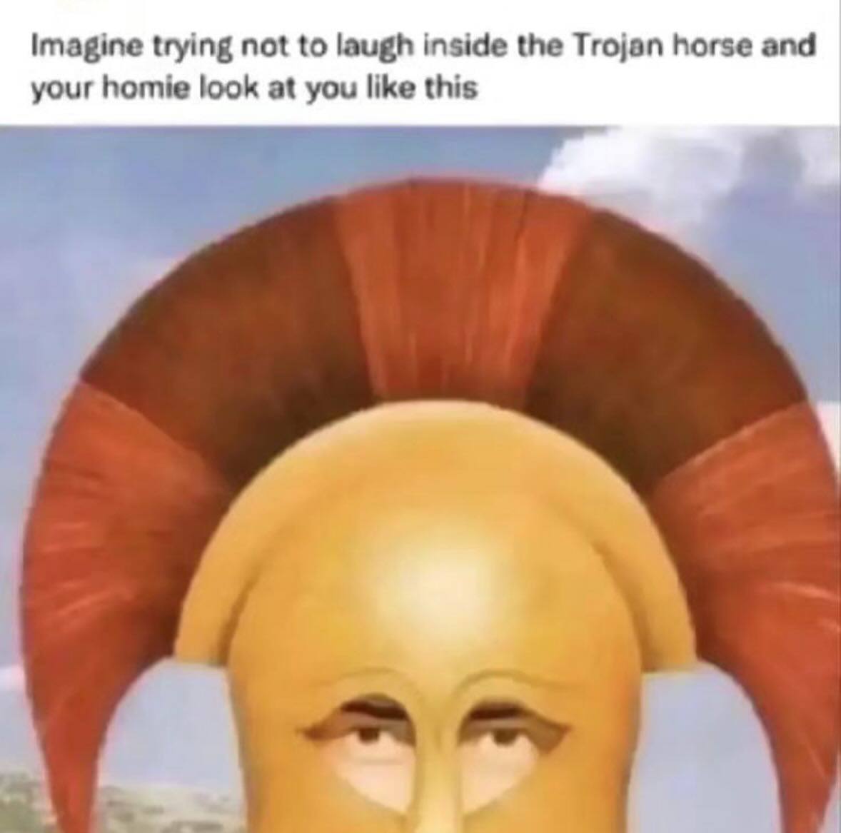 Imagine trying not to laugh inside the Trojan horse and your homie look at you like this