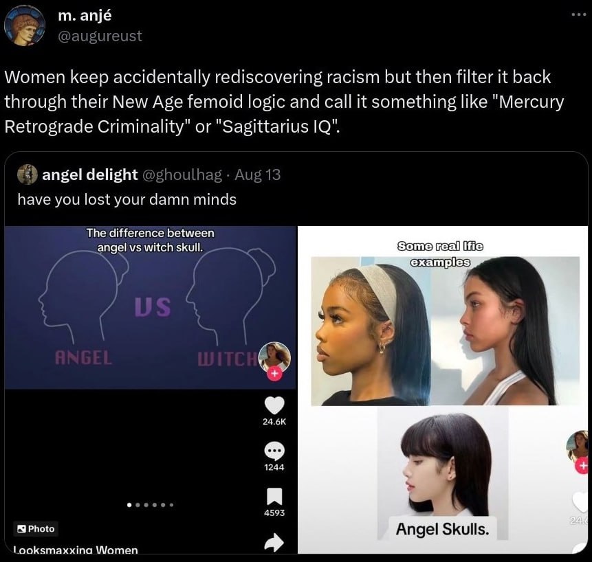 anjé Women keep accidentally rediscovering racism but then filter it back through their New Age femoid logic and call it something like "Mercury Retrograde Criminality" or "Sagittarius 10". angel deli