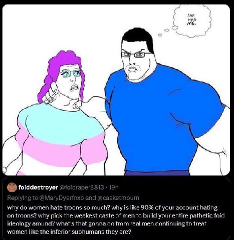 SHE HAS foiddestroyer why women hate troons so much? why is like 90% of your account hating on troons? why pick the weakest caste of men to build your entire pathetic foid ideology around? what's that