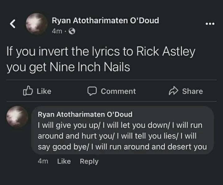 Ryan Atotharimaten O'Doud A If you invert the lyrics to Rick Astley you get Nine Inch Nails Like Comment ДА» Share Ryan Atotharimaten O'Doud will give you up/ will let you down/ will run around and hu