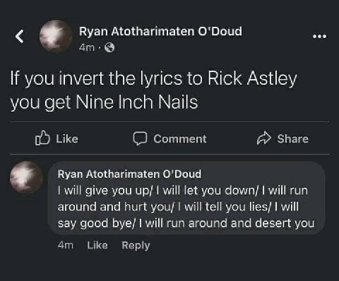 Ryan Atotharimaten O'Doud A If you invert the lyrics to Rick Astley you get Nine Inch Nails Like Comment ДА» Share Ryan Atotharimaten O'Doud will give you up/ will let you down/ will run around and hu