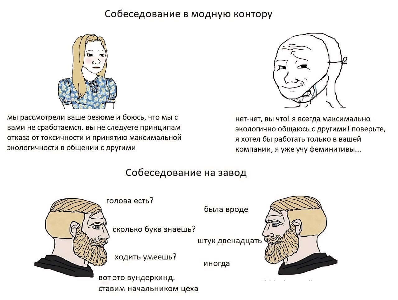 Собеседование в модную контору мы рассмотрели ваше резюме и боюсь, что мы с нет-нет, вы что! я всегда максимально вами не сработаемся. вы не следуете принципам экологично общаюсь с другими! поверьте, 