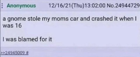 Anonymous 12/16/21(Thu)13:02:00 No.24944729 a gnome stole my moms car and crashed it when was 16 was blamed for it >>24945009