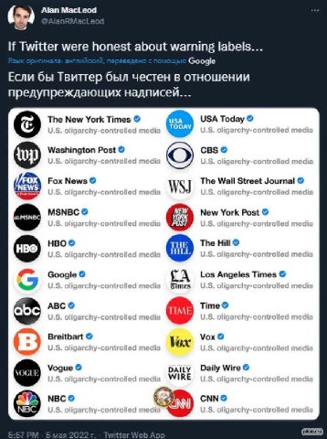 Alan MacLeod aS If Twitter were honest about warning labels... Google Если бы Твиттер был честен в отношении предупреждающих надписей... The New York Times USA Today hy-controlled medi chy 3 Washingto