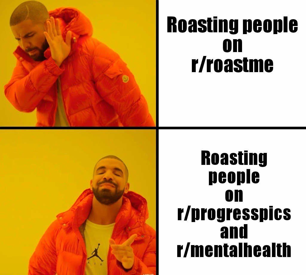 Roasting people on r/roastme Roasting people on r/progresspics and r/mentalhealth