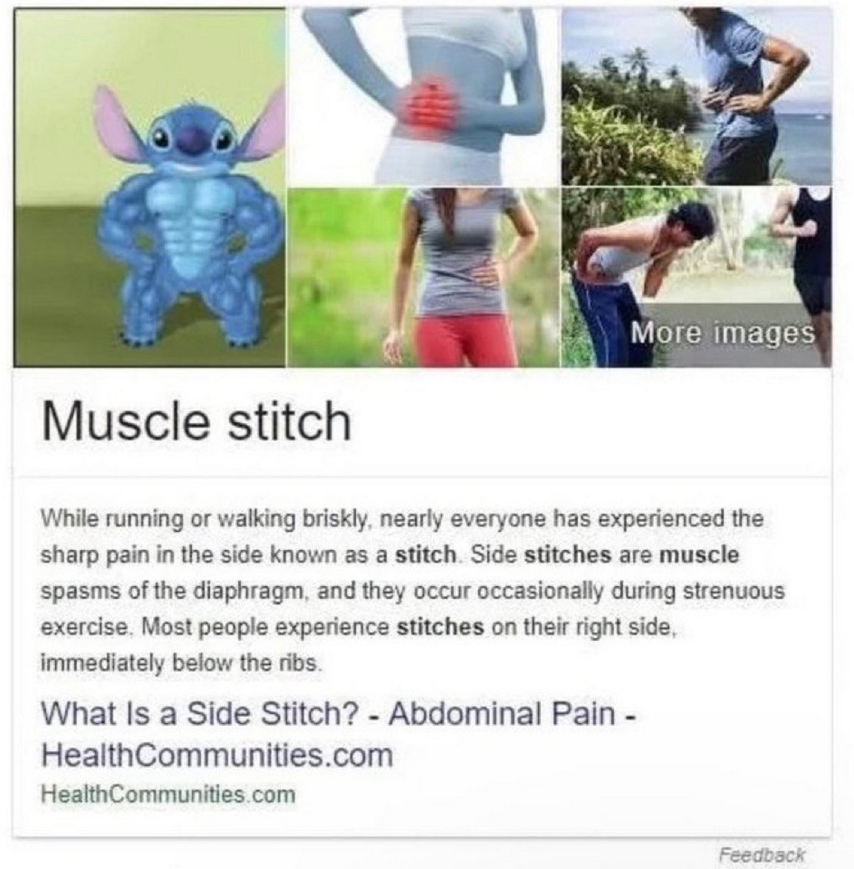 у 2% More images Muscle stitch While running or walking briskly, nearly everyone has experienced the sharp pain in the side known as a stitch. Side stitches are muscle spasms of the diaphragm, and the