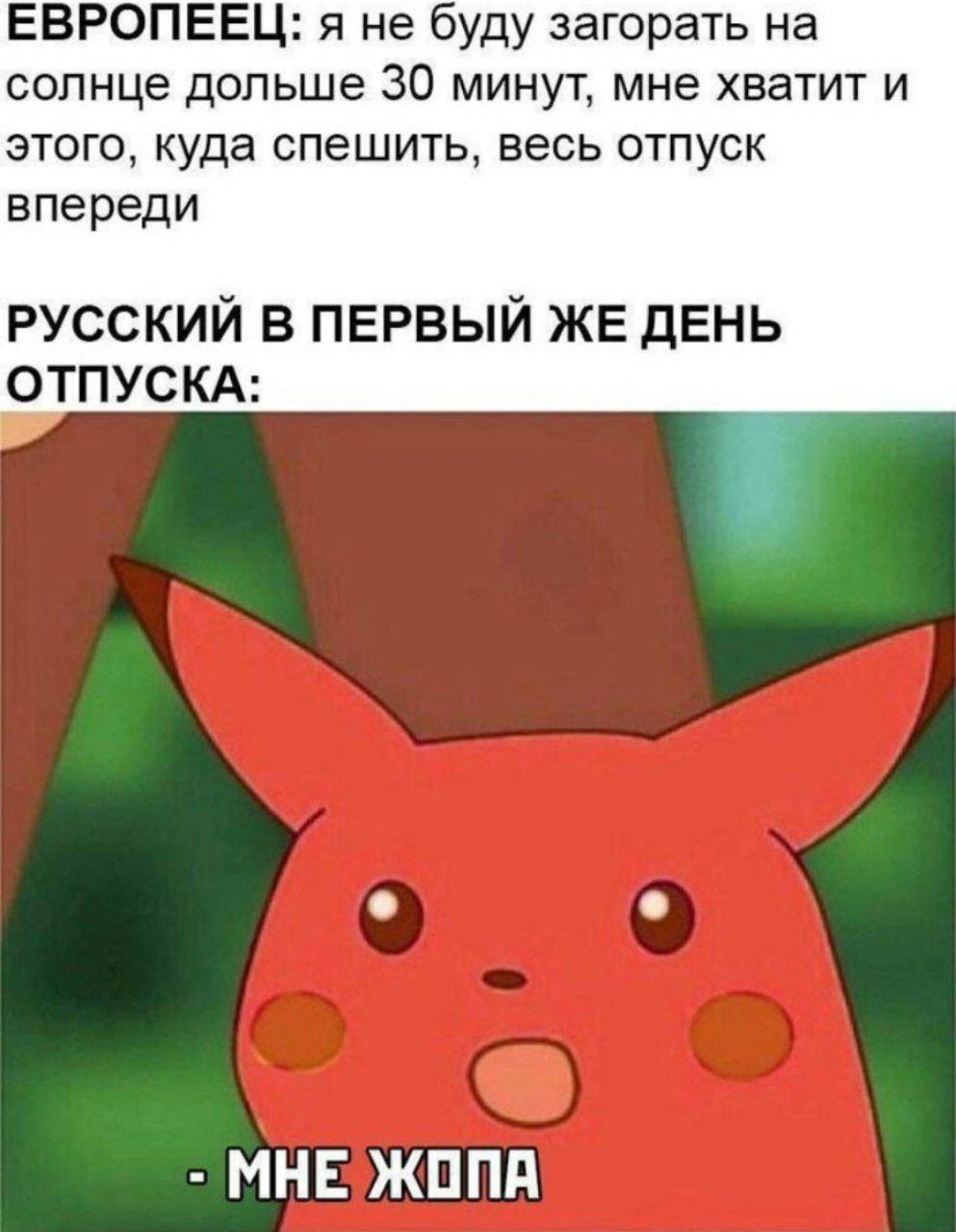 ЕВРОПЕЕЦ: я не буду загорать на солнце дольше 30 минут, мне хватит и этого, куда спешить, весь отпуск впереди РУССКИЙ В ПЕРВЫЙ ЖЕ ДЕНЬ ОТПУСКА: МНЕ ЖОПА