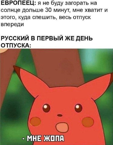 ЕВРОПЕЕЦ: я не буду загорать на солнце дольше 30 минут, мне хватит и этого, куда спешить, весь отпуск впереди РУССКИЙ В ПЕРВЫЙ ЖЕ ДЕНЬ ОТПУСКА: МНЕ ЖОПА