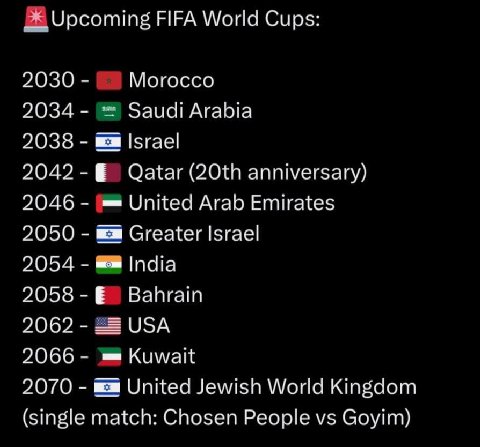 Upcoming FIFA World Cups: 2030 Morocco 2034 Saudi Arabia 2038 Israel 2042 Qatar anniversary) 2046 United Arab Emirates 2050 Greater Israel 2054 India 2058 Bahrain 2062 USA 2066 в Kuwait 2070 United Je