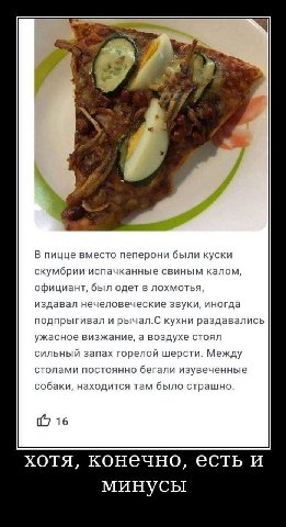 2 В пицце вместо пеперони были куски скумбрии испачканные свиным калом, официант, был одет в лохмотья, издавал нечеловеческие звуки, иногда подпрыгивал и рычал.С кухни раздавались ужасное визжание, а 