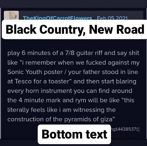 alel® 0 Black Country, New Road play 6 minutes of a 7/8 guitar riff and say shit like “i remember when we fucked against my Sonic Youth poster your father stood in line at Tesco for a toaster” and the