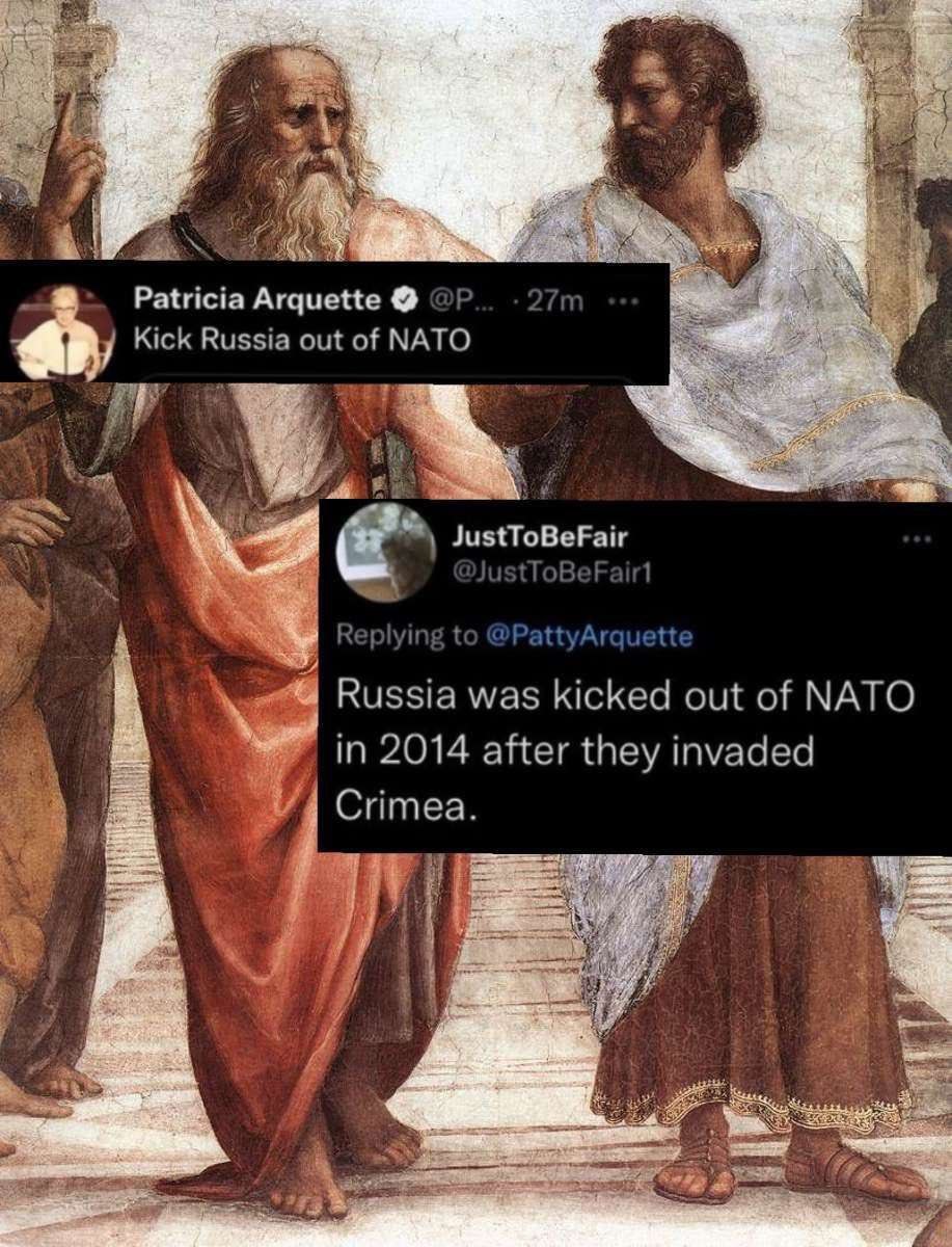 Patricia Arquette Kick Russia out of NATO a JustToBeFair Replying ttyArquett Russia was kicked out of NATO in 2014 after they invaded Crimea. я bal a 2