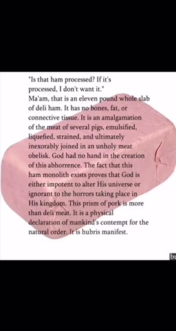 Isthat ham processed? ИИ connective tise, Kis an amalgamation ofthe mest of weverl pgs, emulsified, паевой, rained, and ultimately obelk. God had no hand inthe creation | liquefied, strained, and ulti