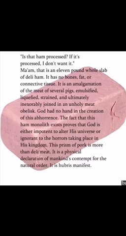 Isthat ham processed? ИИ connective tise, Kis an amalgamation ofthe mest of weverl pgs, emulsified, паевой, rained, and ultimately obelk. God had no hand inthe creation | liquefied, strained, and ulti