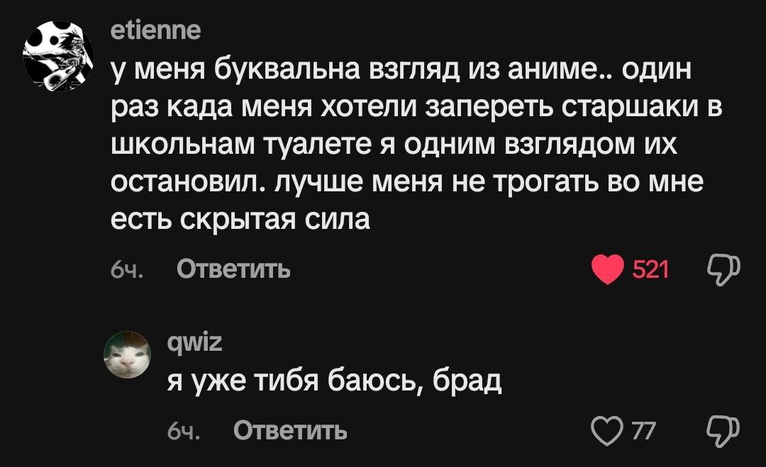 etienne у меня буквальна взгляд из аниме.. один раз када меня хотели запереть старшаки в школьнам туалете я одним взглядом остановил. лучше меня не трогать во мне есть скрытая сила Ответить 521 qwiz я