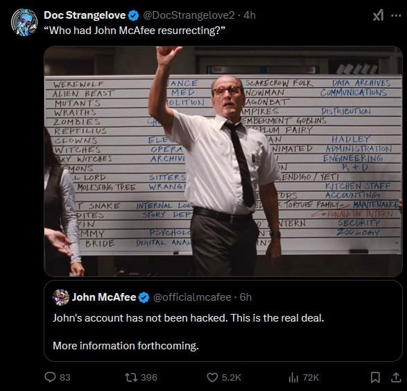 Doc Strangelove @DocStrangelove? “\ММПо had John McAfee resurrecting?” 7 £028; ANCE SCARECROW ALIEN. BEAST MEL NOWMAN COMMUNICATION: MUTANT BAGONEAT WRAITHS VISTRIBUT МЕМЕЕЕМЕМТ GOBLINS FAIRY WITCHES 