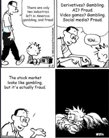 There are only Derivatives? Gambling. two industries Fraud. left in America: Video games? Gambling. gambling, and fraud Social media? Fraud. 65 an The stock market looks like gambling, but it's actual