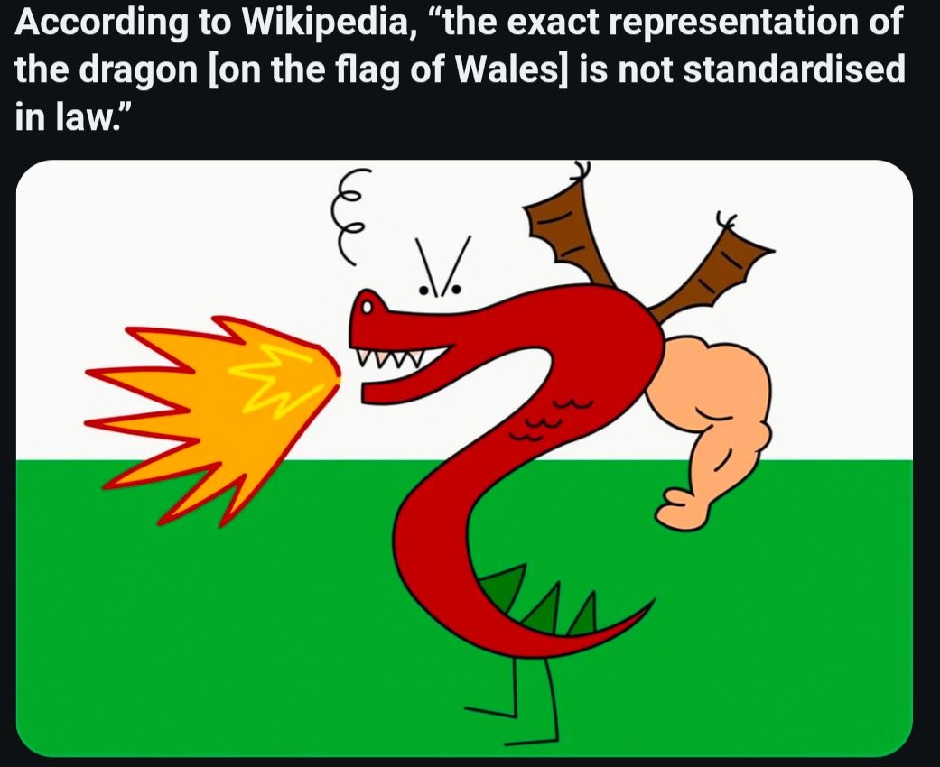 According to Wikipedia, “the exact representation of the dragon [on the flag of Wales] is not standardised in law.’