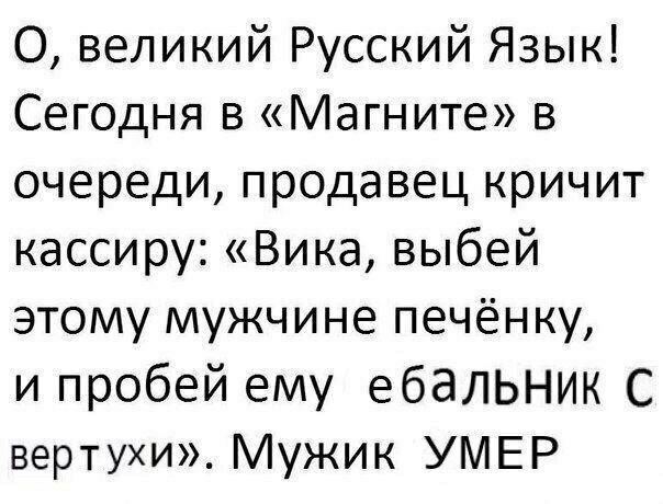 О, великий Русский Язык! Сегодня в «Магните» в очереди, продавец кричит кассиру: «Вика, выбей этому мужчине печёнку, и пробей ему ебальник вертухи». Мужик УМЕР