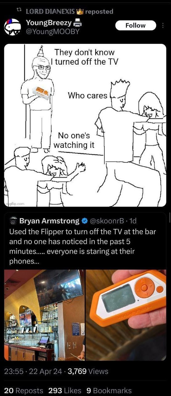DIA 1$ reposted DYO OBY They don't know turned off the 1} A! Who cares No one's watching it Bryan Armstrong Used the Flipper to turn off the at the bar and no one has noticed in the past 5 minutes eve