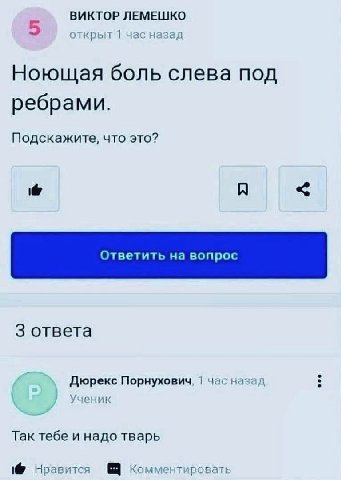 ВИКТОР ЛЕМЕШКО 5 открыт час назад Ноющая боль слева под ребрами. Подскажите, что это? Я 3 ответа Дюрекс Порнухович, час назад Ученик Так тебе и надо тварь Нравится Комментировать