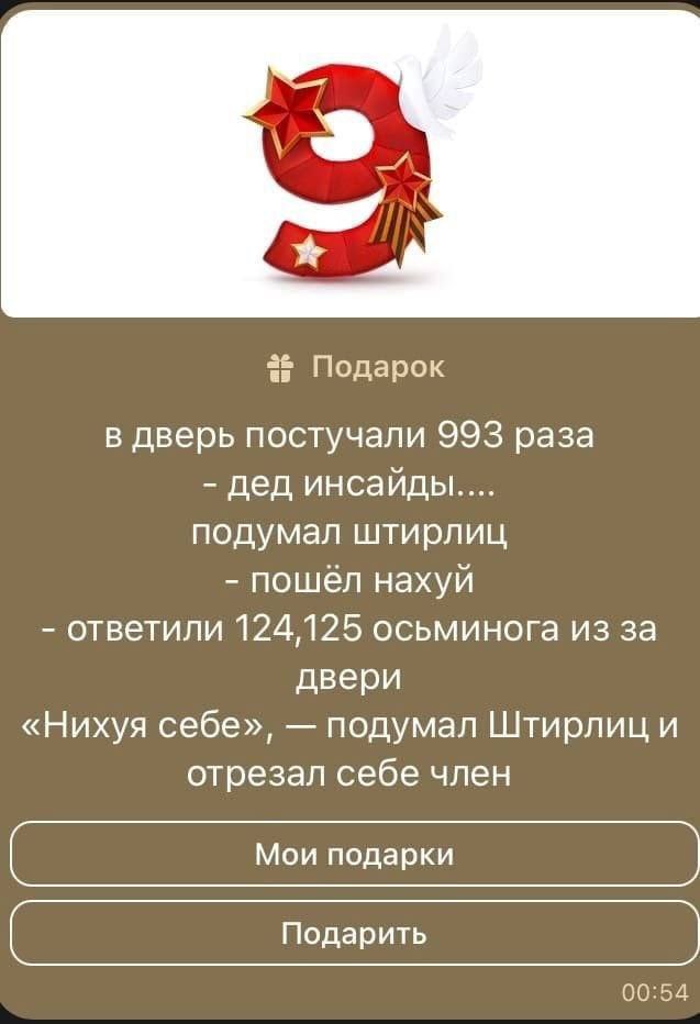 Подарок в дверь постучали 993 раза дед инсайды.... подумал штирлиц пошёл нахуй ответили 124,125 осьминога из за двери «Нихуя себе», подумал Штирлиц и отрезал себе член 00:54