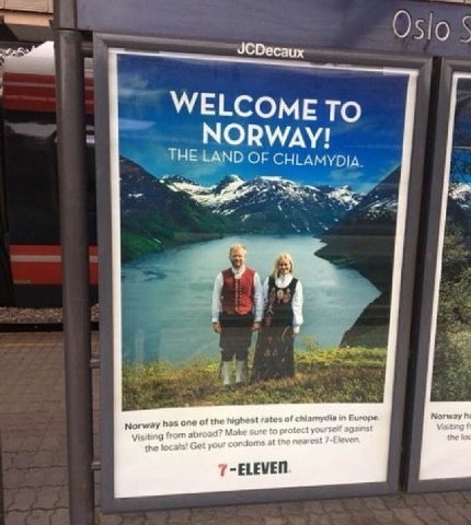 WELCOME ТО NORWAY! LAND 4 4 Norway has one of the highest rates of in Europe, Visiting from abroad? Make sure to protect aganst the locats' Get your condoms at the nearest 7-Floven 7