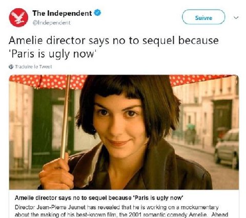 The Independent Suivre DIndependent Amelie director says no to sequel because О Paris is ugly now Traduire Tweet в Amelie director says no to sequel because ‘Paris is ugly now’ Director Jean-Pierre Je