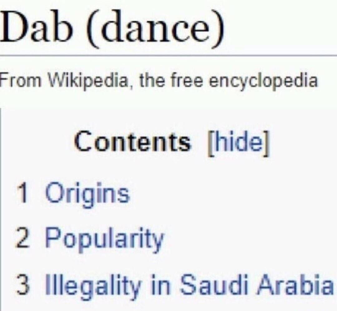 Dab (dance) From Wikipedia, the free encyclopedia Contents [hide] 1 Origins 2 Popularity 3 in Saudi Arabia