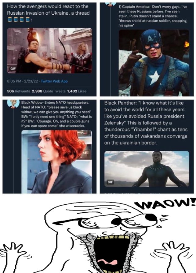 How the avengers would react to the 1) Captain America: Don't worry guys, I've Russian Invasion of Ukraine, a thread Seen these sean stalin, Putin doesn't stand a chance shield at russian soldier, sna