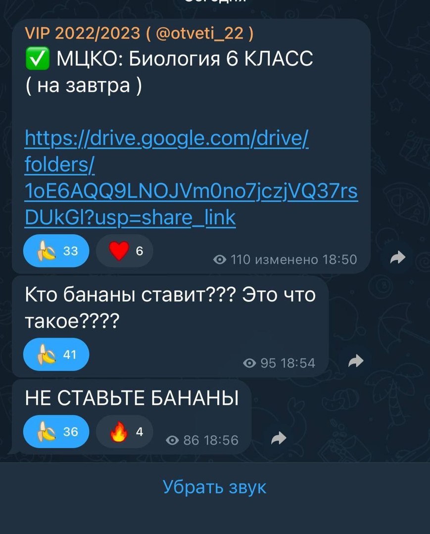 2022/2023 @otveti_22 MLIKO: Биология 6 КЛАСС на завтра https://drive.google.com/drive/ folders/ DUkGI?usp=share_link 110 изменено 18:50 Кто бананы ставит??? Это что такое???? 95 18:54 НЕ СТАВЬТЕ БАНАН