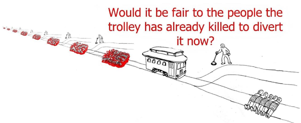 Would it be fair to the people the trolley has already killed to divert у К now? да