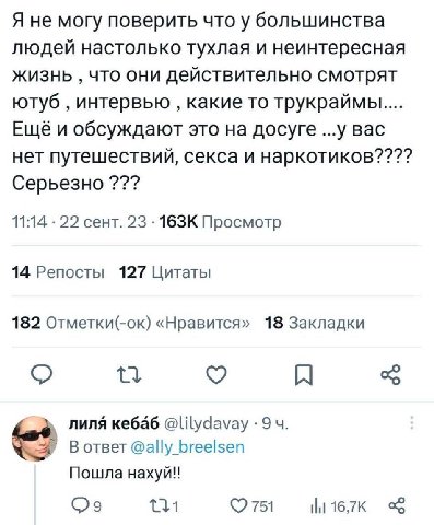 Я не могу поверить что у большинства людей настолько тухлая и неинтересная жизнь что они действительно смотрят ютуб интервью какие то трукраймы..... Ещё и обсуждают это на досуге ...у вас нет путешест