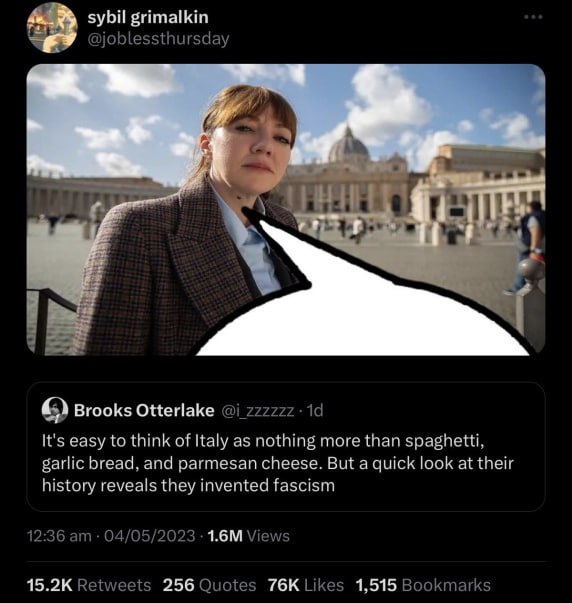 sybil grimalkin 4 Brooks Otterlake It's easy to think of Italy as nothing more than загс bread. and parmesan cheese. But a quick look at their history they invented fascism 256 1,515