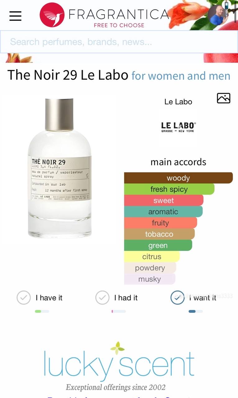FRAGRANTIC FREE TO CHOOSE Maas i The Noir 29 Labo for women and men Labo GRASSE NEW YORK main accords vaporisat 31 lab 12 months efter tobacco green citrus powdery musky have it had it “an it lucky sc