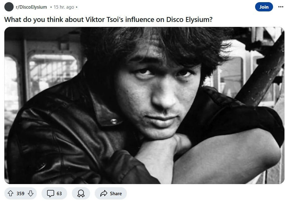 о What you think about Viktor Tsoi's influence on Disco Elysium? 2 359 63 Share