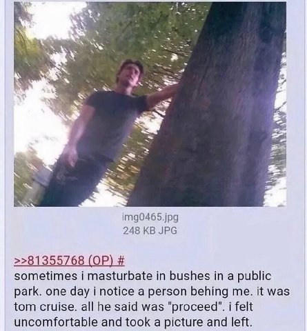 img0465.jpg 248 JPG >>81355768 sometimes i masturbate in bushes in a public park. one day i notice a person behing me. it was tom cruise. all he said was "proceed". i felt uncomfortable and took a pic
