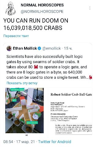 NORMAL HOROSCOPES 16,039,018,500 CRABS Перевести твит Ethan Mollick @emollick 15 Scientists have also successfully built logic gates using swarms of soldier crabs. It takes about 80 8% to operate a lo