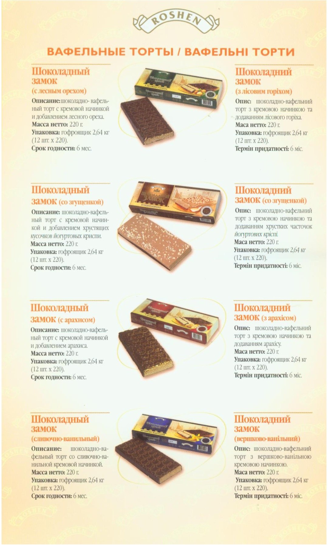 $9 ВАФЕЛЬНЫЕ ТОРТЫ ВАФЕЛЬН! ТОРТИ Шоколадный Шоколадний замок замок (с лесным орехом) (злюовим ropixom) Описание: шоколадно- вафель- Опис: шоколадно-ва ельний ный торт с кремовой начинкой торт кремово
