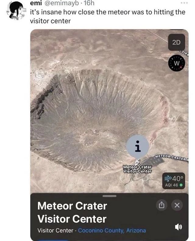 emi @emimayb it’s insane how close the meteor was to hitting the visitor center a 2 Visitor enter, Сов Meteor Crater 6 Visitor Center Visitor Center