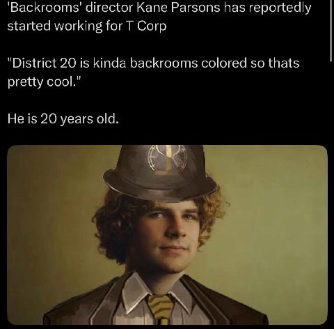 director Kane Parsons has reportedly started working for Corp "District 20 is kinda backrooms colored so thats pretty cool." He is 20 years old.