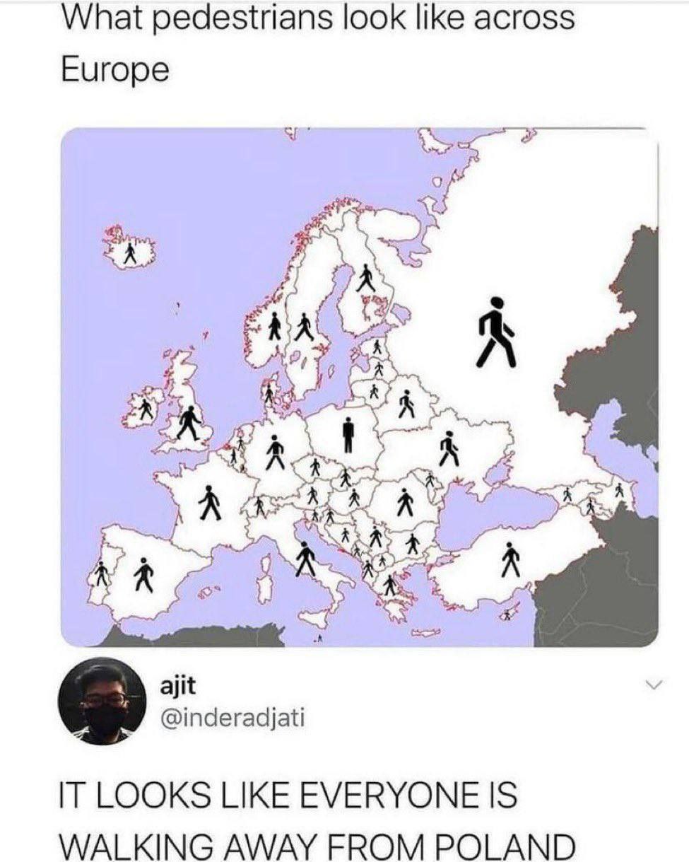 What pedestrians look like across Europe >А he ajit @inderadijati IT LOOKS LIKE EVERYONE IS WALKING AWAY FROM POLAND