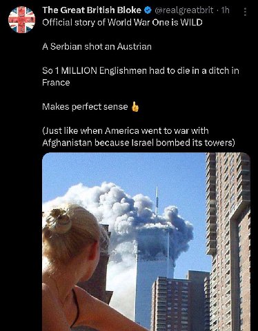 The Great British Bloke Official story of World War Опе 1$ WILD A Serbian shot an Austrian So1 MILLION Englishmen had to die in a ditch in France Makes perfect like when America went to war with Afgha
