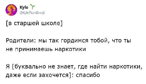 (В) @KylePlantEmoji [в старшей школе] Родители: мы так гордимся тобой, что ты не принимаешь наркотики Я [буквально не знает, где найти наркотики, даже если захочется]: спасибо