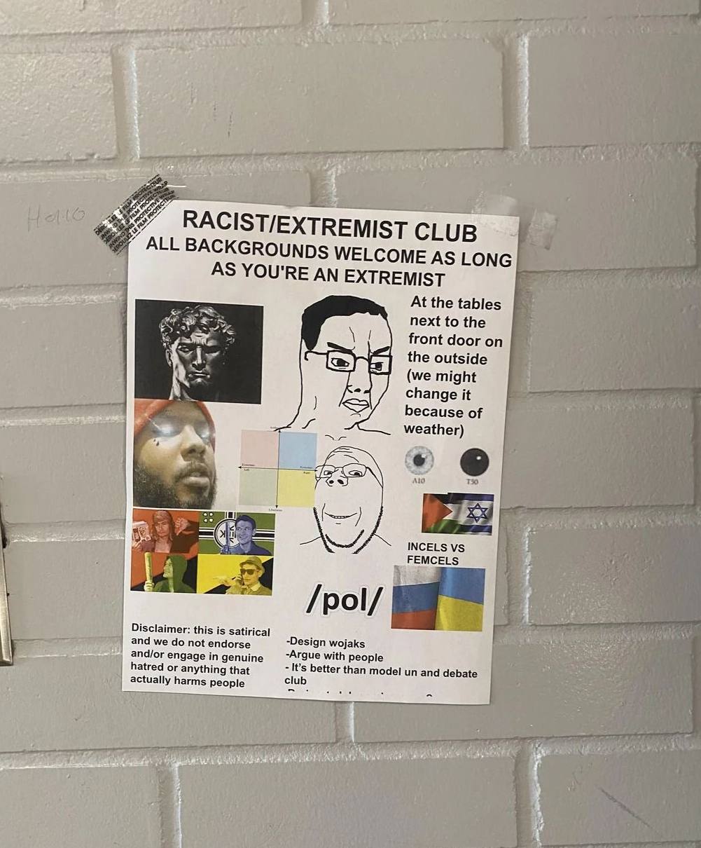 5 RACIST/EXTREMIST CLUB ALL BACKGROUNDS WELCOME AS LONG AS YOU'RE AN EXTREMIST At the tables next to the front door on the outside {we might А change it because weather) INCELS Disclaimer: this is and