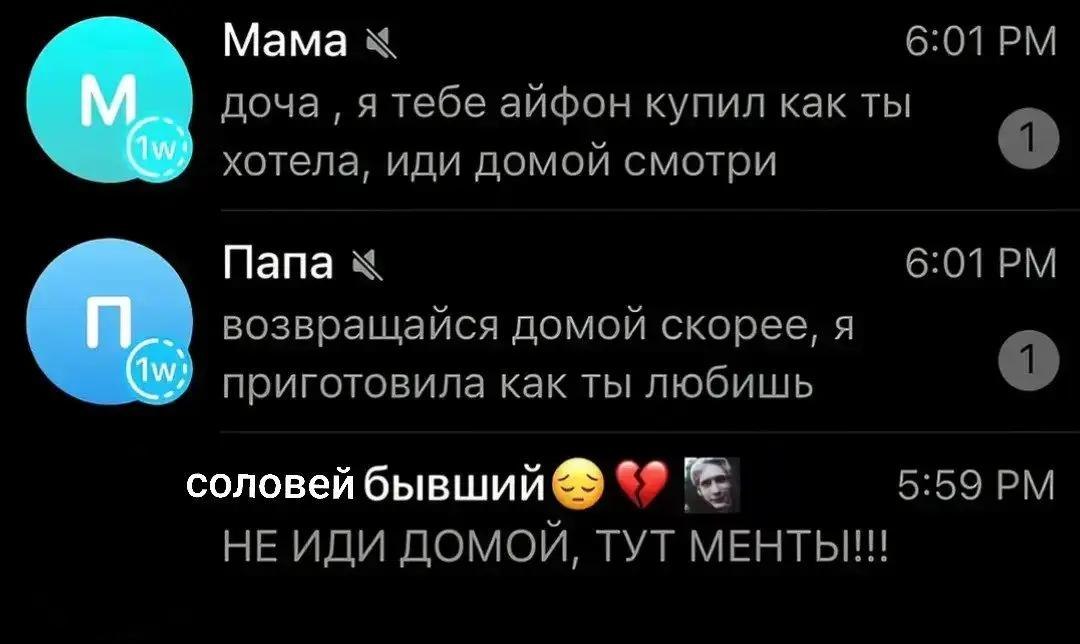 Мама 6:01 доча я тебе айфон купил как ты хотела, иди домой смотри Папа 6:01 возвращайся домой скорее, я приготовила как ты любишь соловей бывший 5:59 НЕ ИДИ ДОМОЙ, ТУТ МЕНТЫ!!