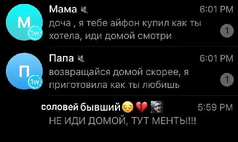 Мама 6:01 доча я тебе айфон купил как ты хотела, иди домой смотри Папа 6:01 возвращайся домой скорее, я приготовила как ты любишь соловей бывший 5:59 НЕ ИДИ ДОМОЙ, ТУТ МЕНТЫ!!