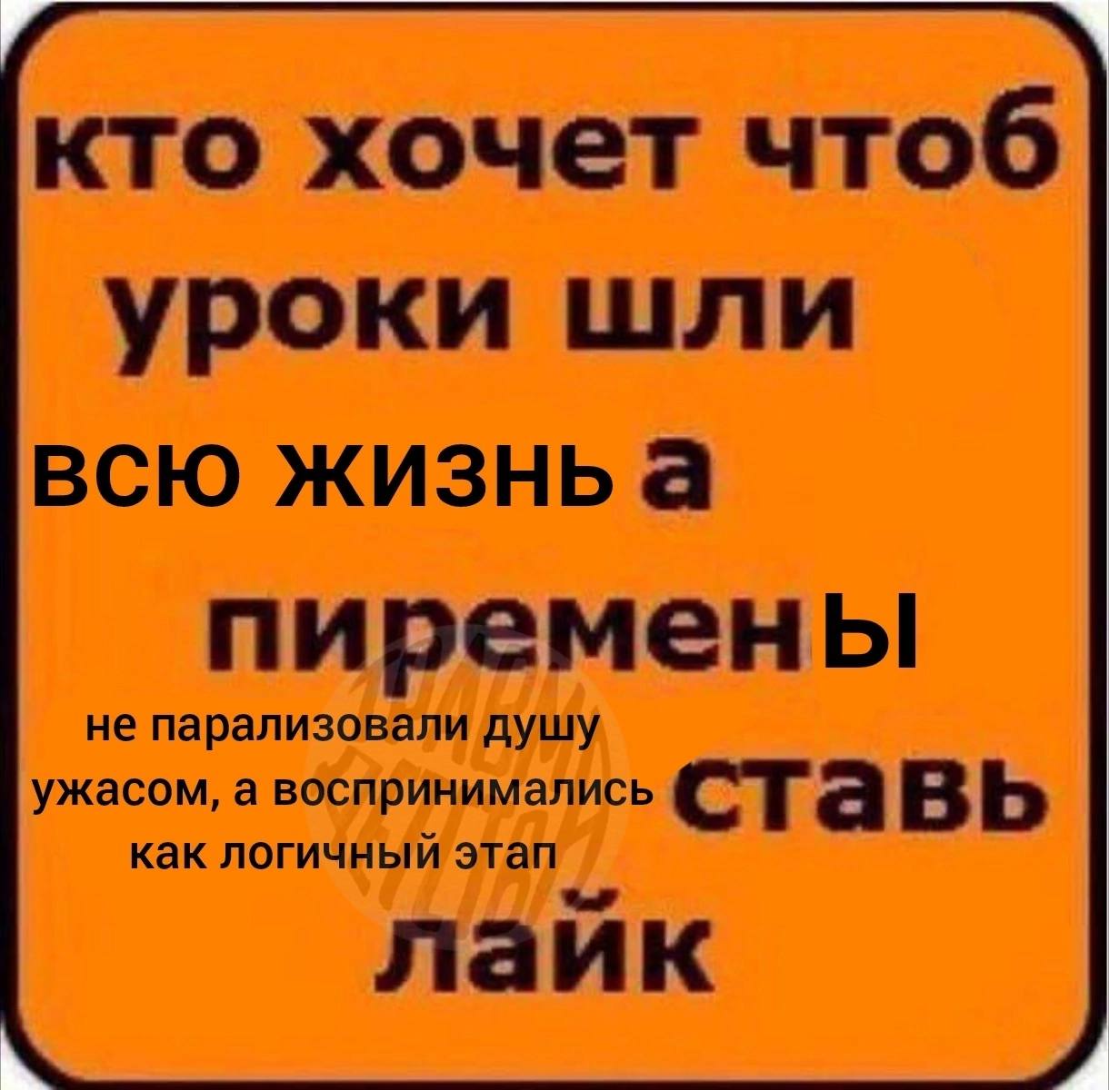 кто хочет чтоб уроки шли всю жизнь а пиремены не парализовали душу ужасом, а воспринимались ста как логичный этап лайк